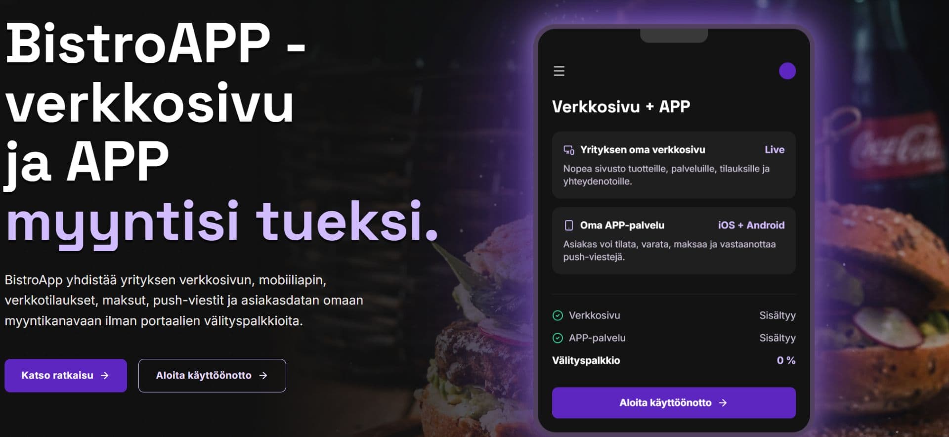 Ravintolan tilausprosessi mobiiliapp ja verkkosivupohjaisesti.